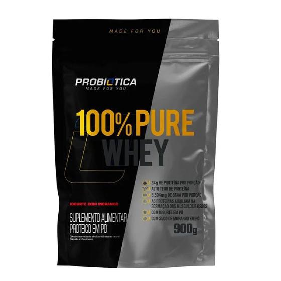 100% Pure Whey Refil 900g Probiótica Sabor Iogurte com Morango